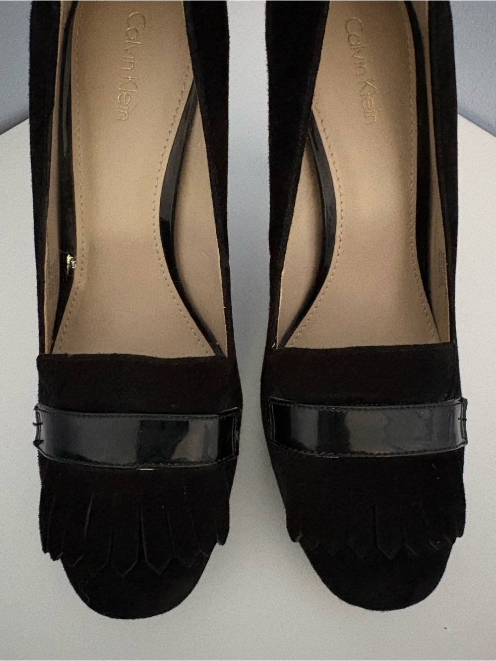 Calvin Klein Black Suede Fringe Patent Strap Pumps